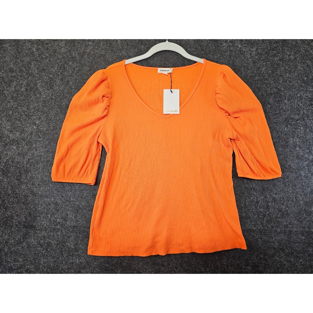 Sugarlips Puff Sleeve Top Womens M Bright Orange Ribbed V Neck Blouse NWT
